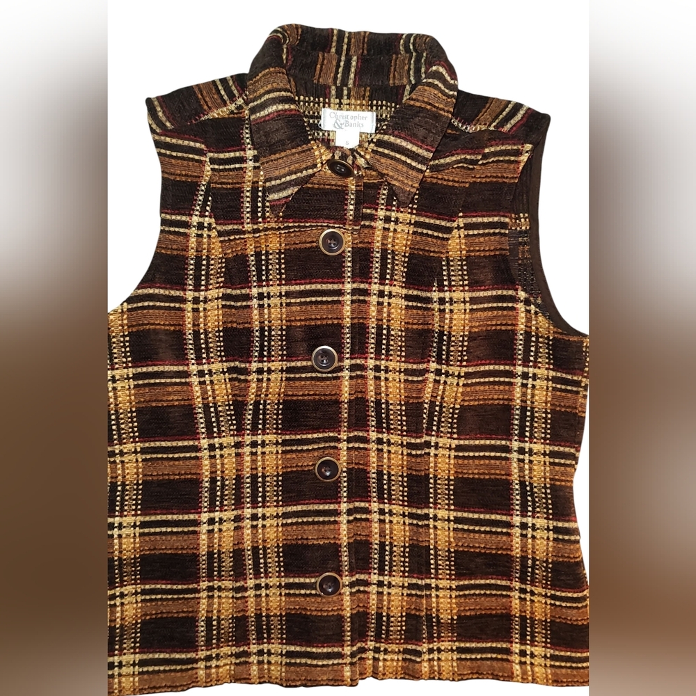 Christopher & Banks Plaid Sleeveless Button Up Vest Cabincore Grannycore  Small